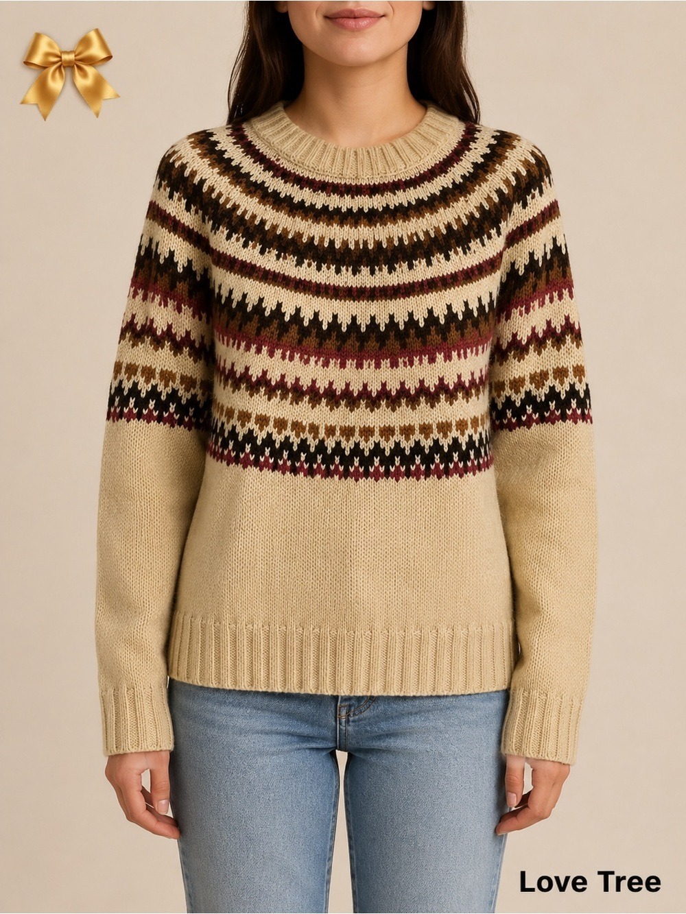 LOVE Tree Fair Isle Acrylic Beige Sweater Size Small